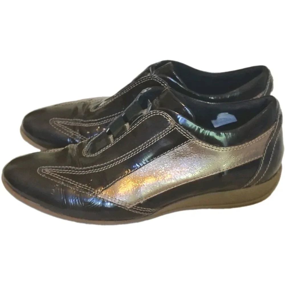 Micadel Black Patent & Metallic Leather Slip On Sneaker Loafer 6 Leather Spain